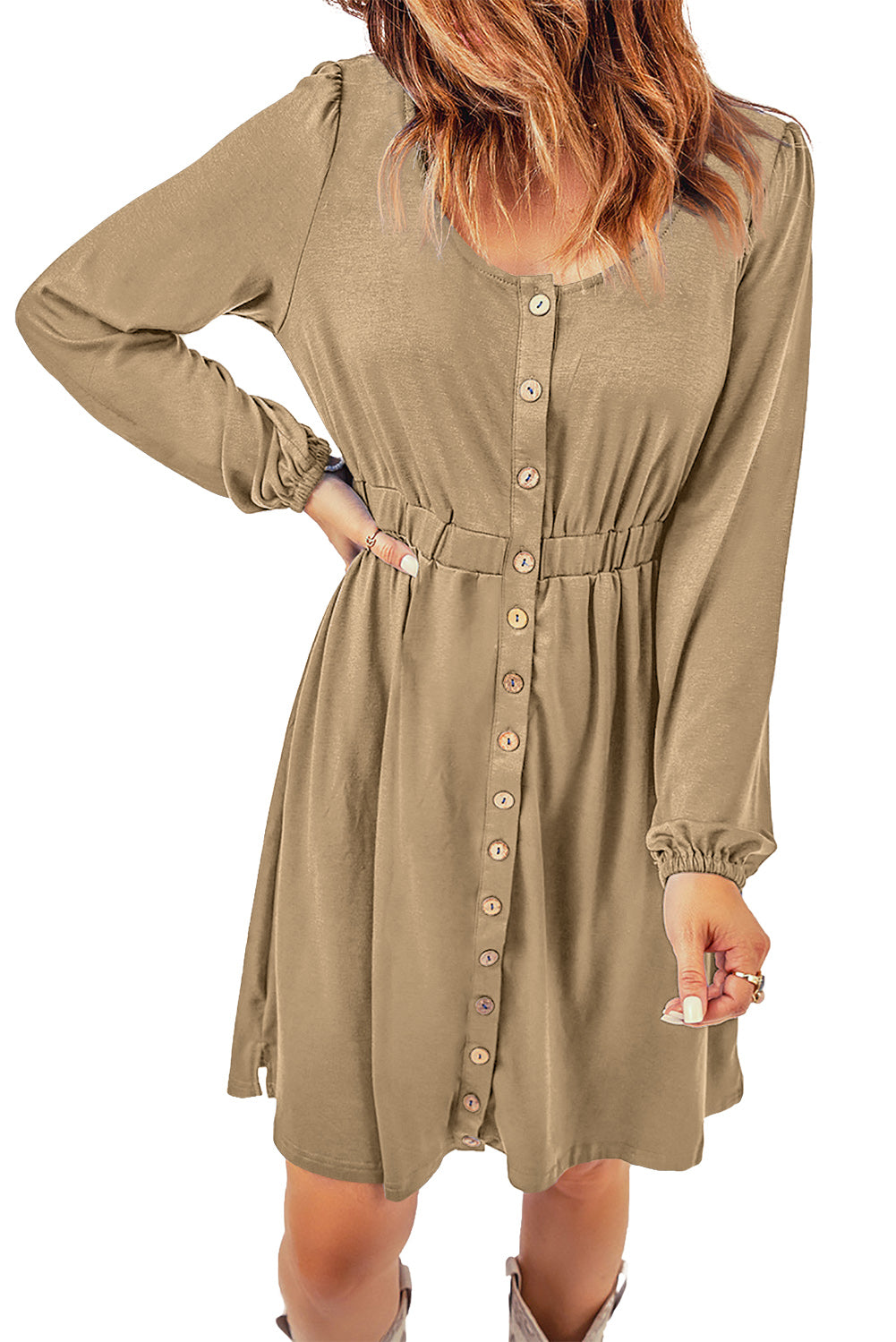 Button Up High Waist Long Sleeve Dress