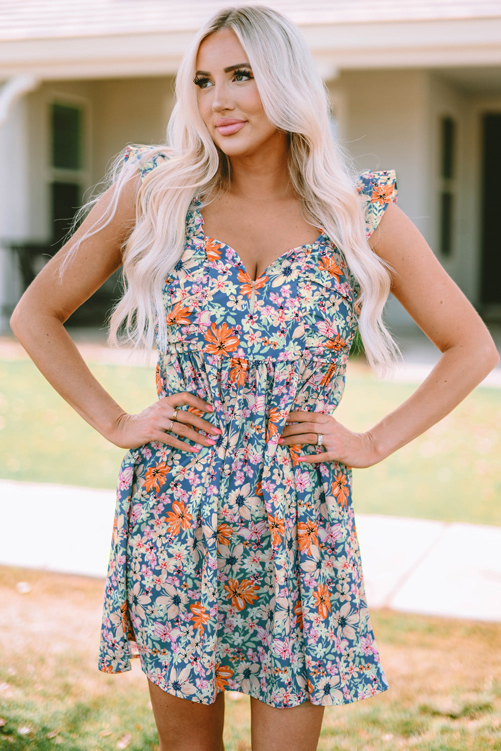 Multicolor Floral Ruffle Straps Sweetheart Peplum Tank, Dress or Shorts