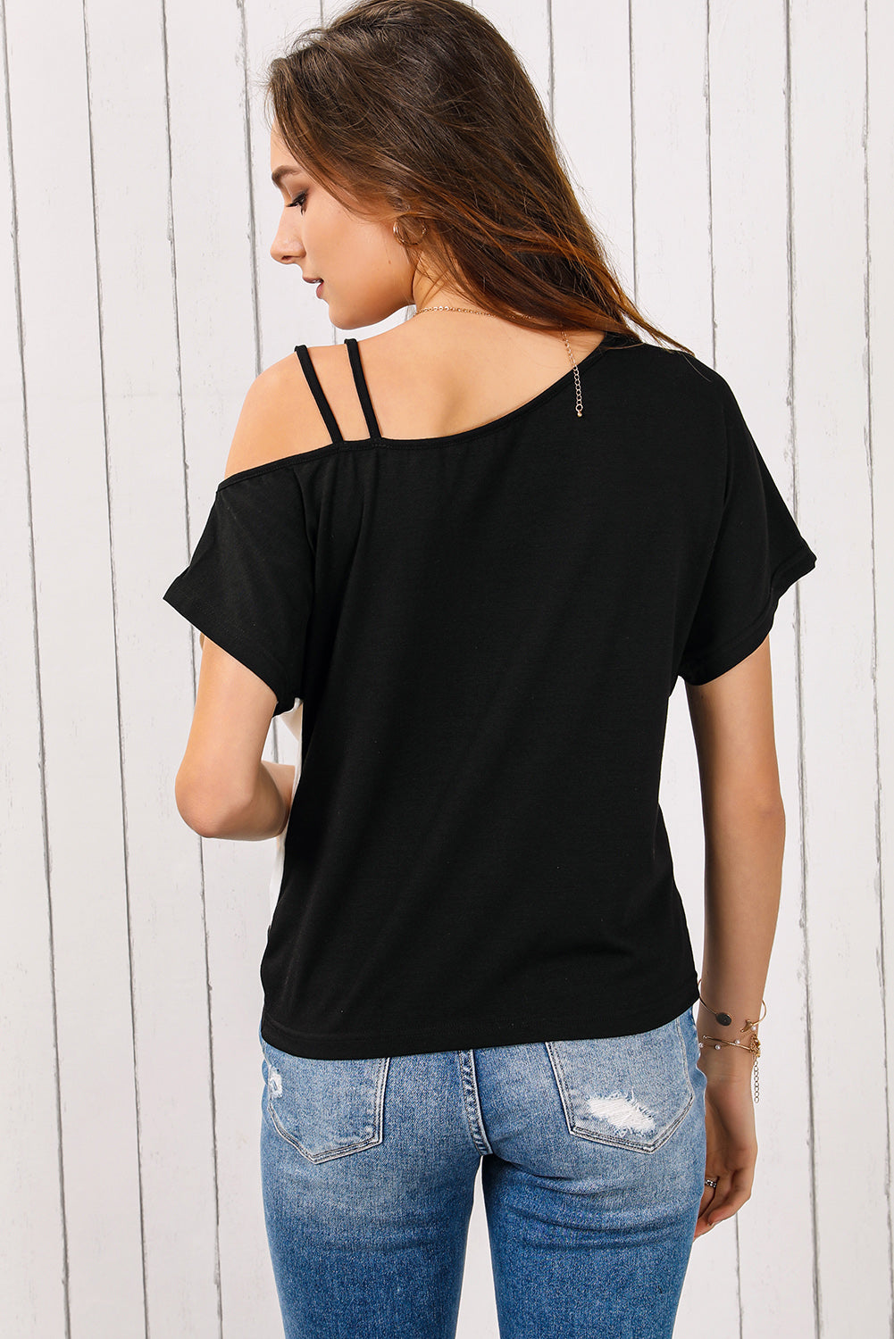 Asymmetric Colorblock Strappy Cold Shoulder Twist Hem Top