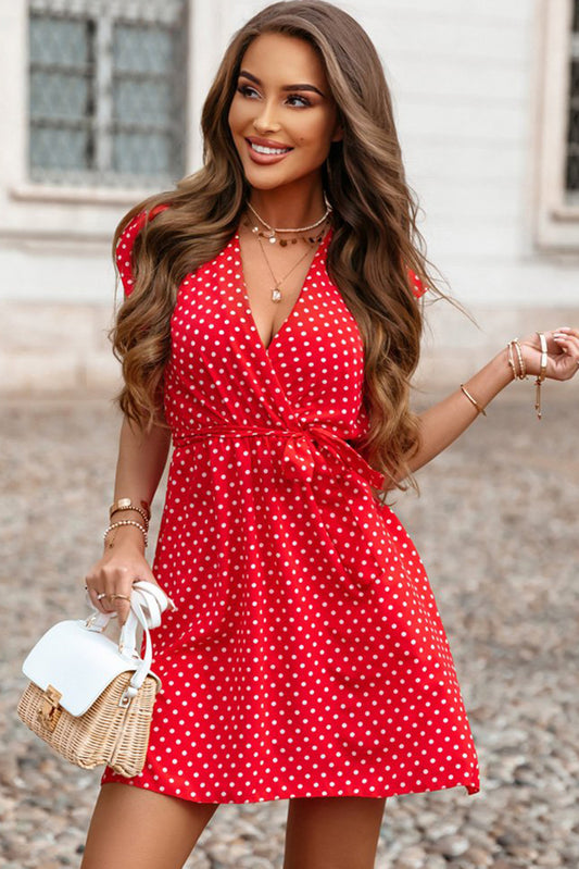 Polka Dot V Neck Ruffle Sleeve Dress