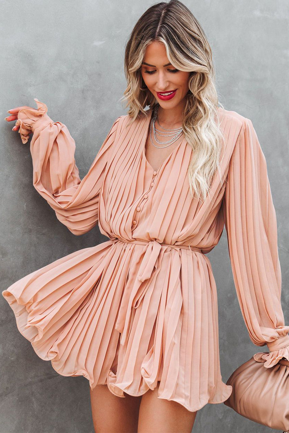 Pleated Ruffled Tie Waist Buttons V Neck Romper