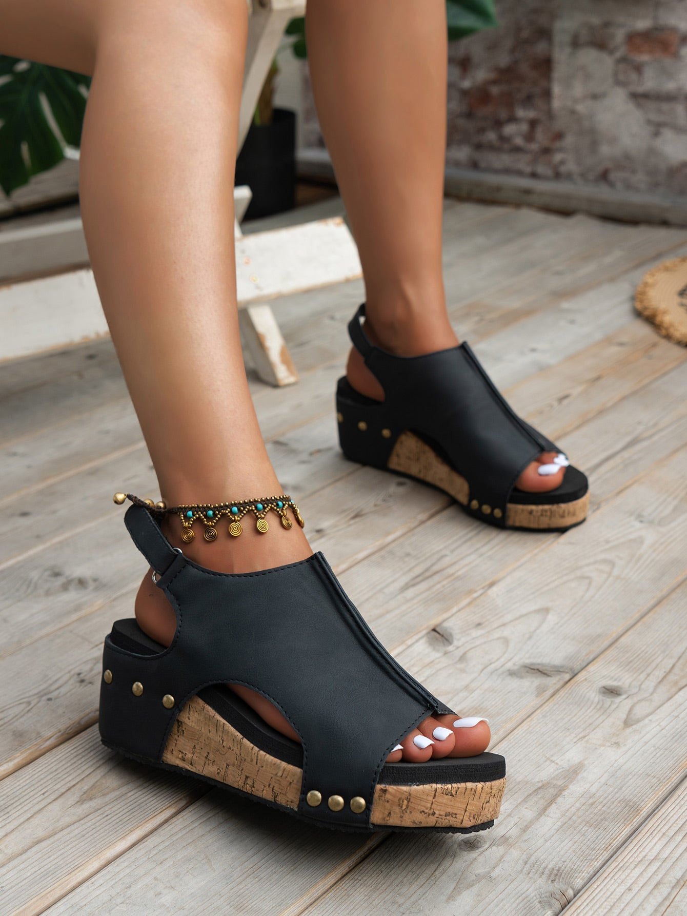 Vintage Leather Stitching Studded Wedge Sandals