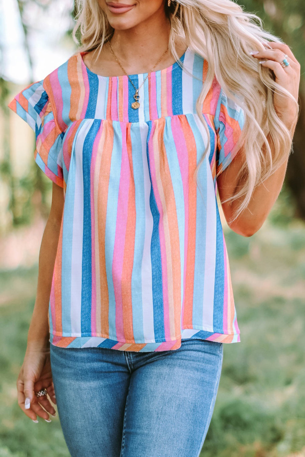 Multicolor Striped Tiered Ruffle Cap Sleeve Top