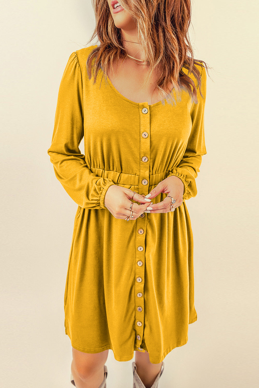 Button Up High Waist Long Sleeve Dress