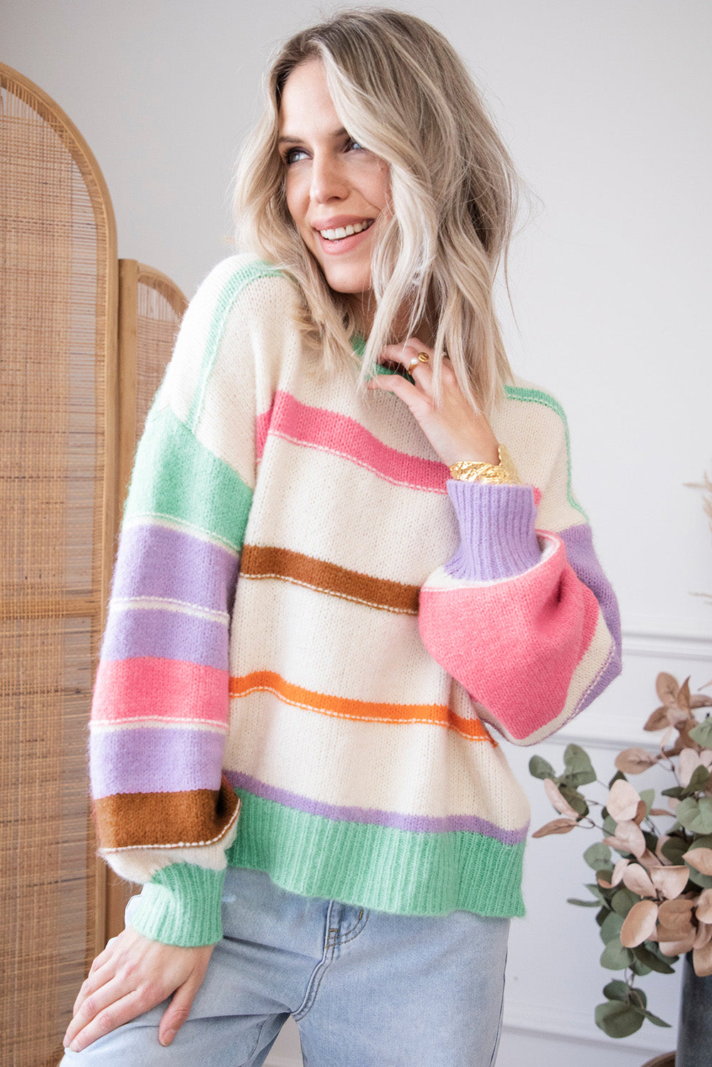 Multicolor Striped Colorblock Drop Shoulder Sweater