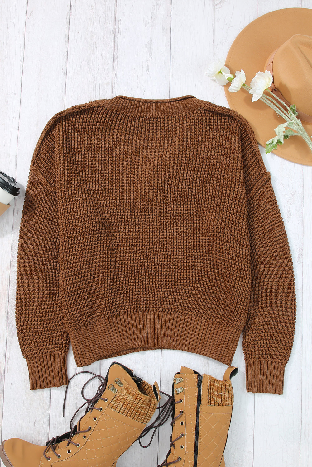 Pointelle Knit Button V Neck Drop Shoulder Sweater