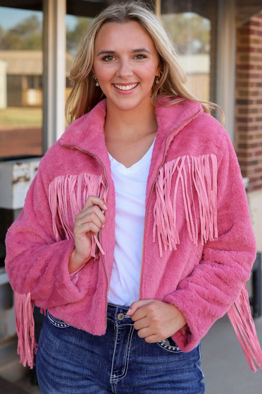 Pink Fringed Full Zipper Fleece Jacket