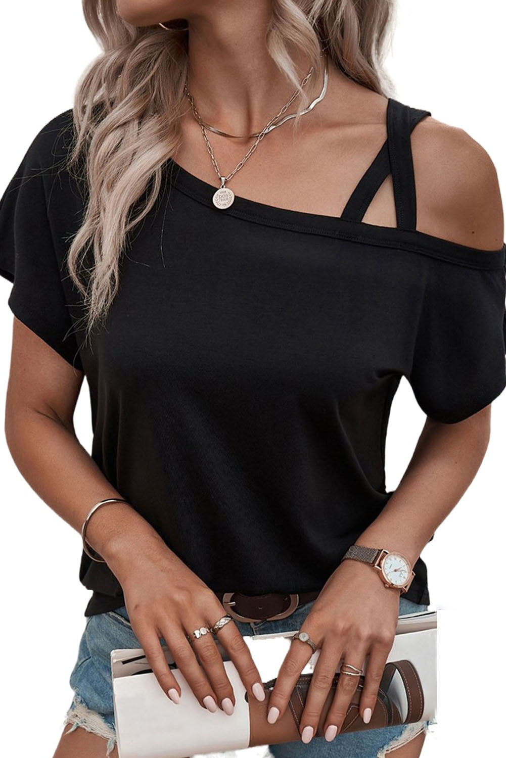 Asymmetric Criss Cross One Shoulder T Shirt