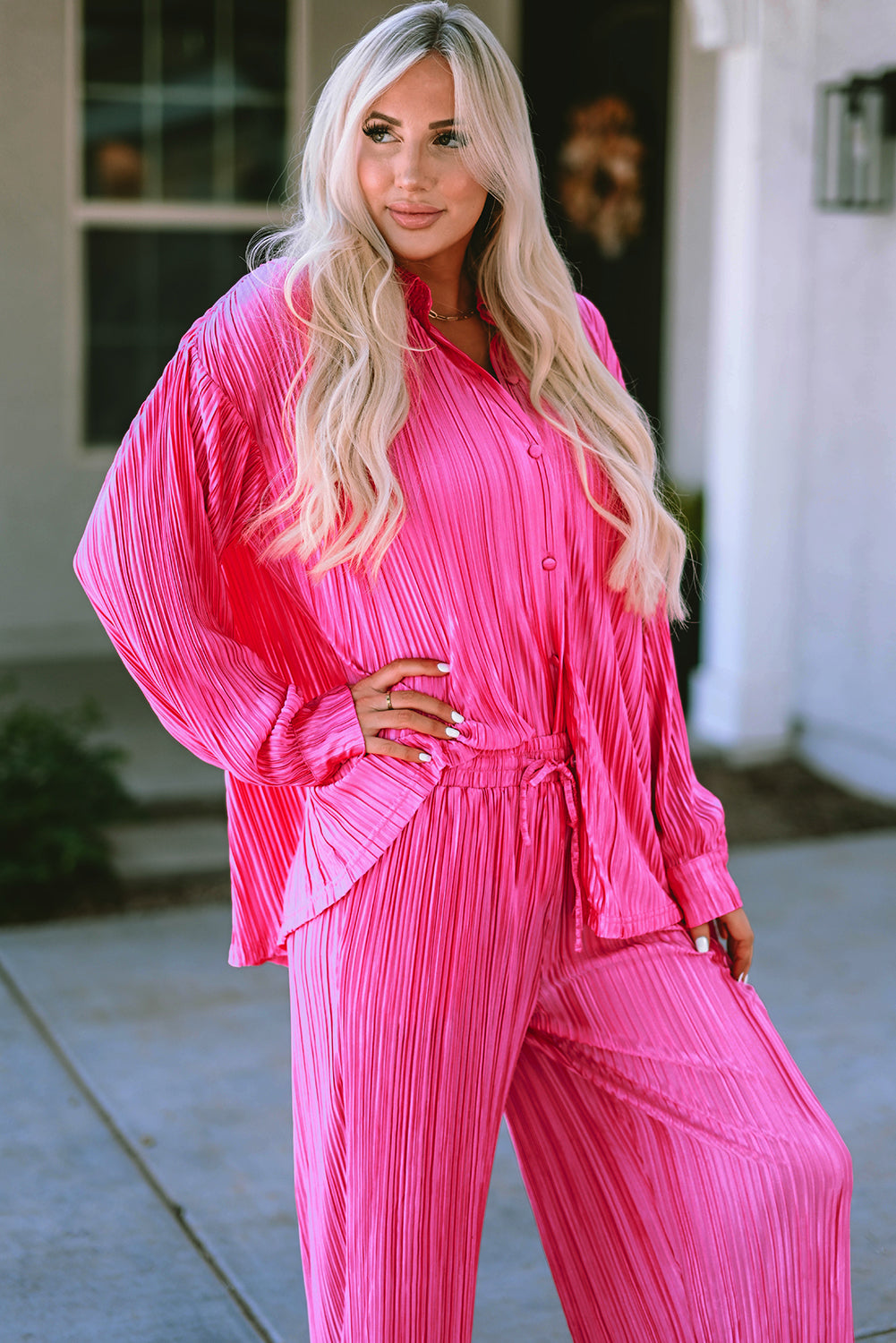 Pleated Long Sleeve Shirt and Wide-Leg Pants Set