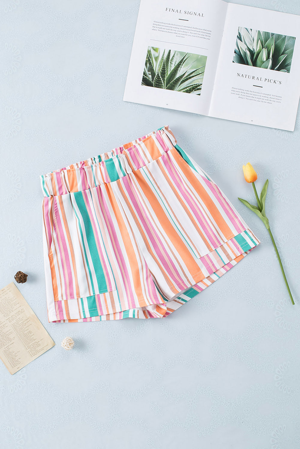 Stripe Vintage Washed Elastic Frill Waist Casual Shorts