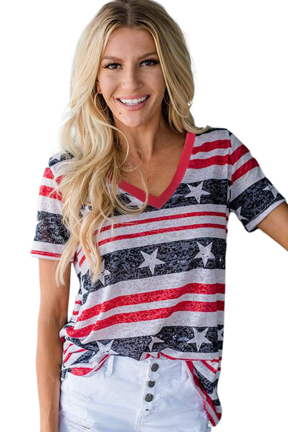 Star and Stripe Print V-Neck Casual T-Shirt