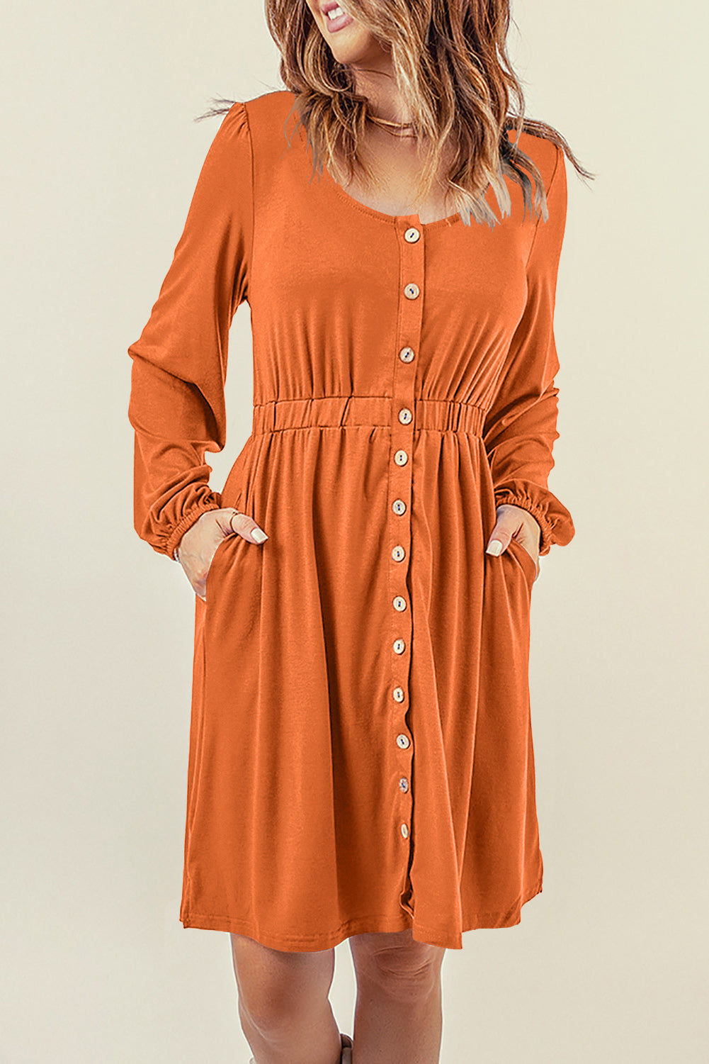 Button Up High Waist Long Sleeve Dress