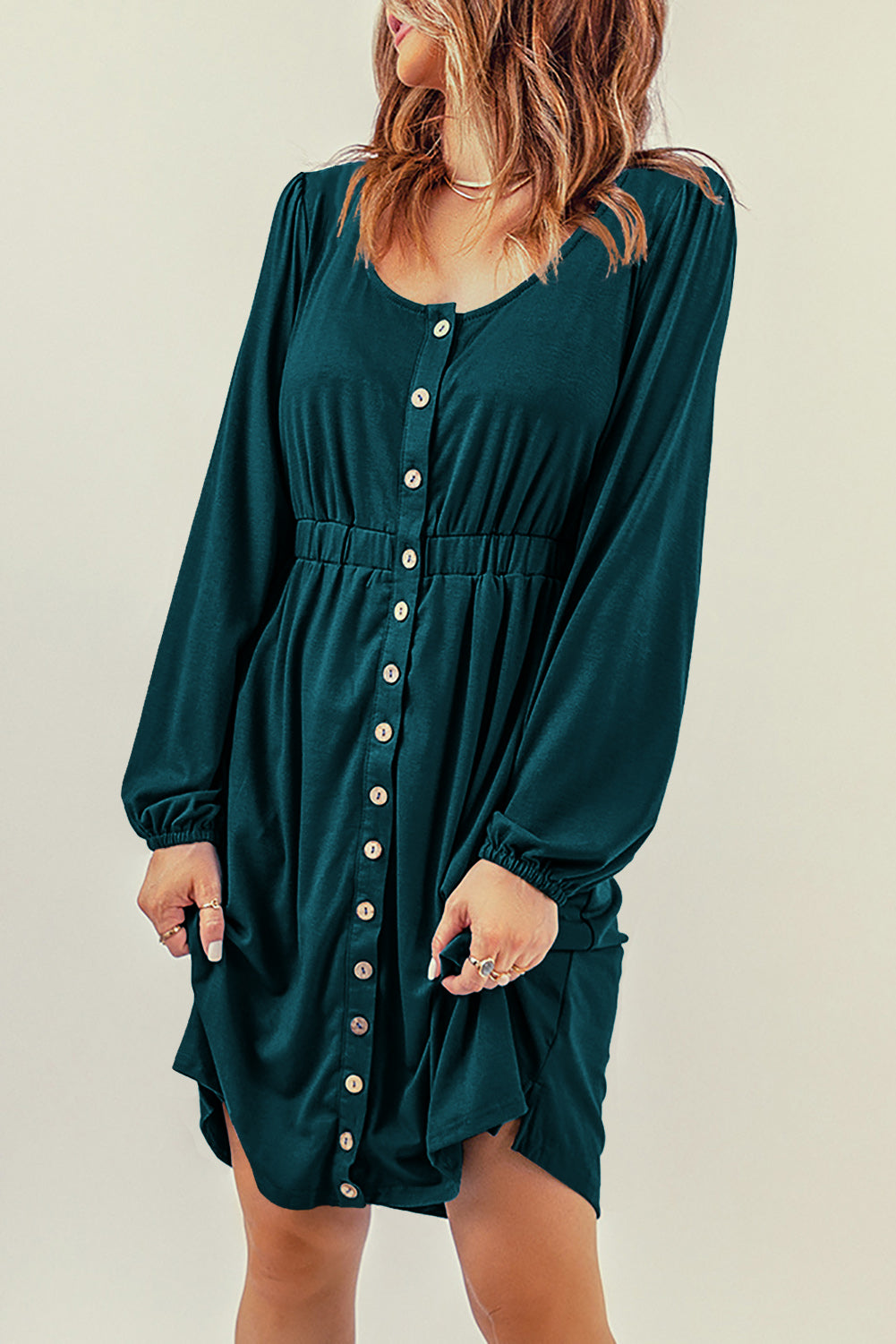 Button Up High Waist Long Sleeve Dress