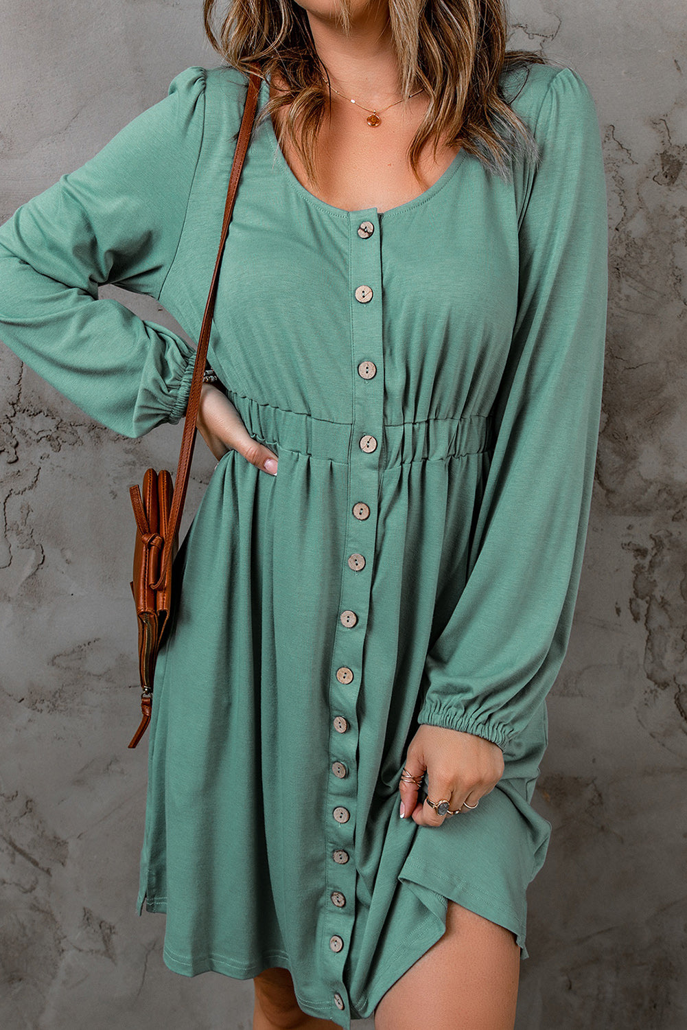 Button Up High Waist Long Sleeve Dress