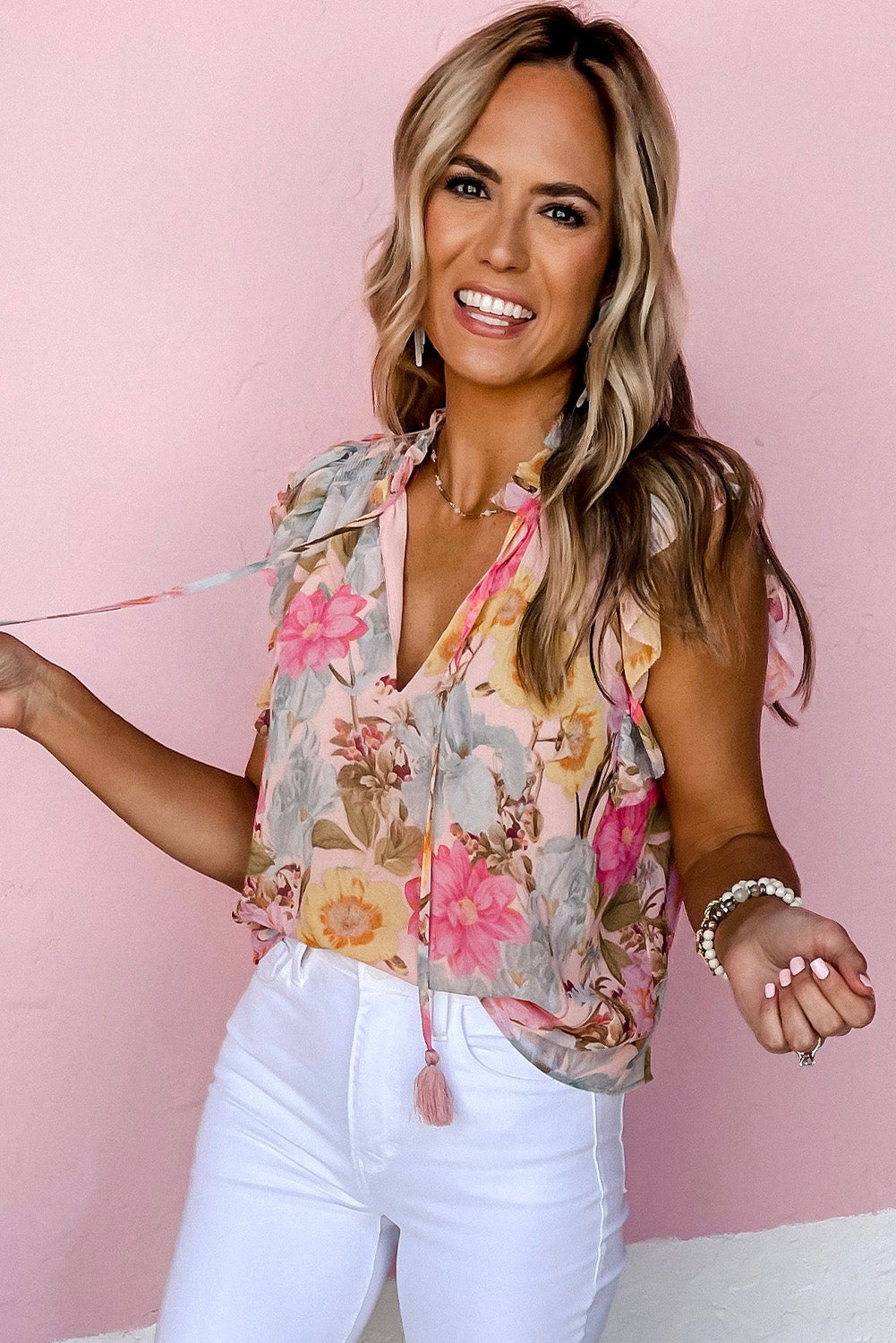 Floral Print Tassel Tie Short Sleeve Blouse