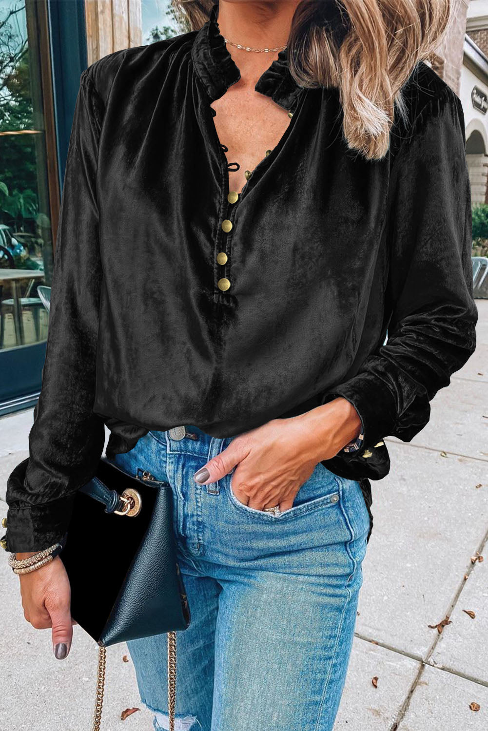 Biking Red Frilled Neck Buttoned Front Velvet Top
