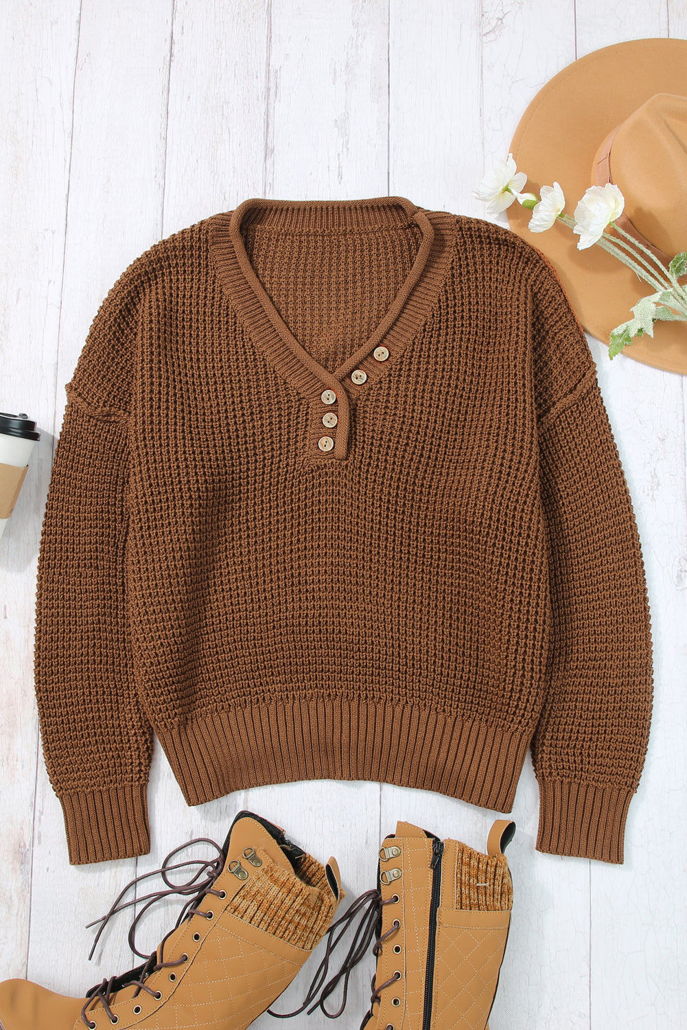 Pointelle Knit Button V Neck Drop Shoulder Sweater