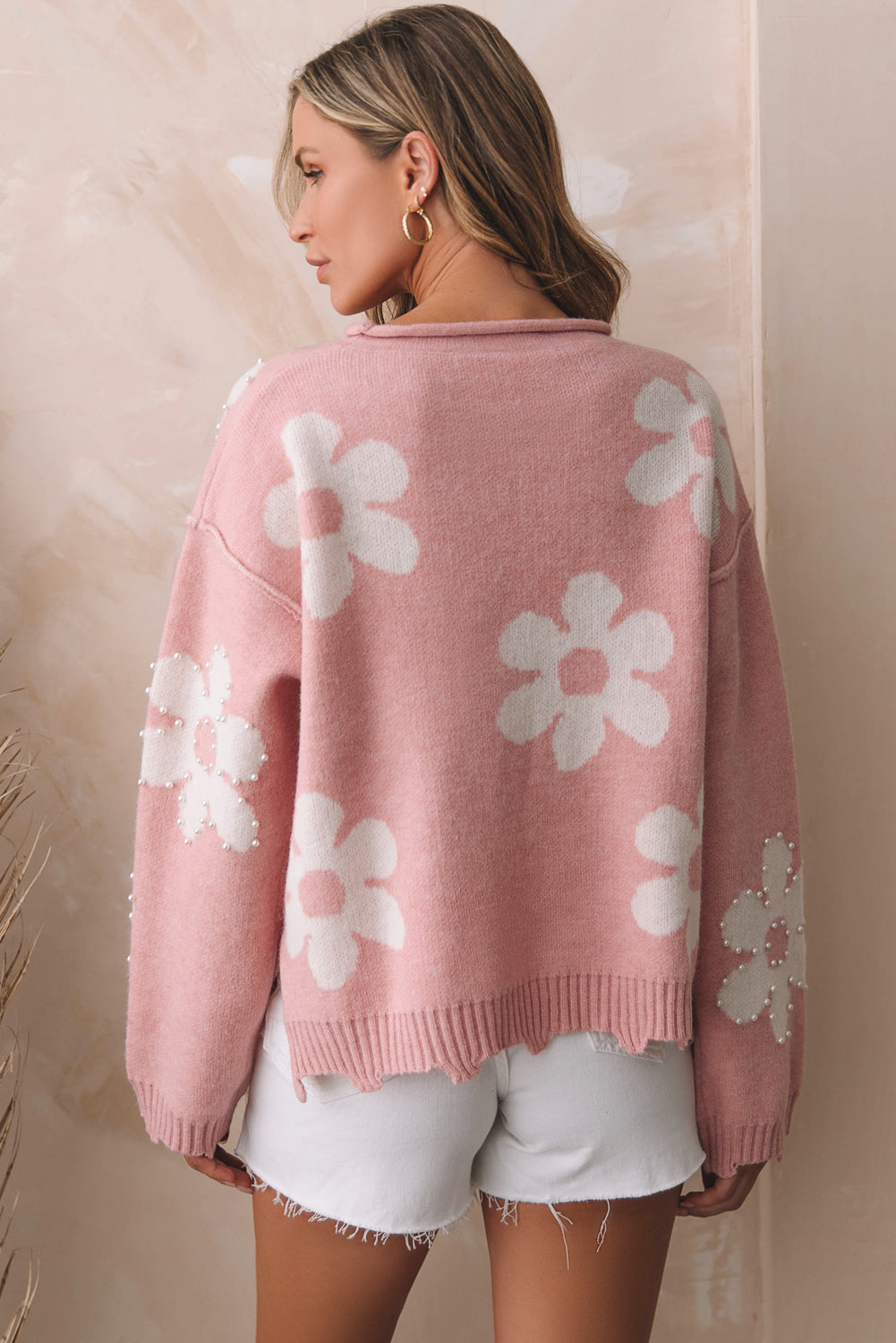 Bonbon Pearl Beaded Floral Drop Shoulder Sweater