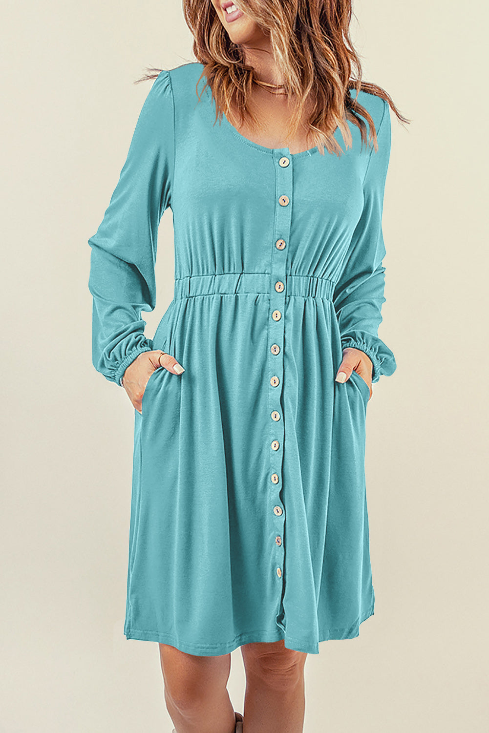 Button Up High Waist Long Sleeve Dress