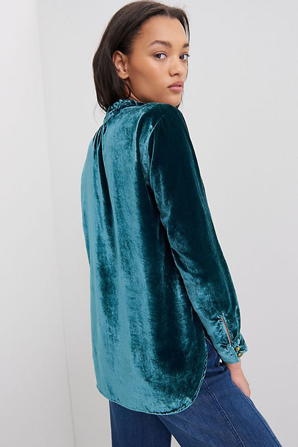 Biking Red Frilled Neck Buttoned Front Velvet Top