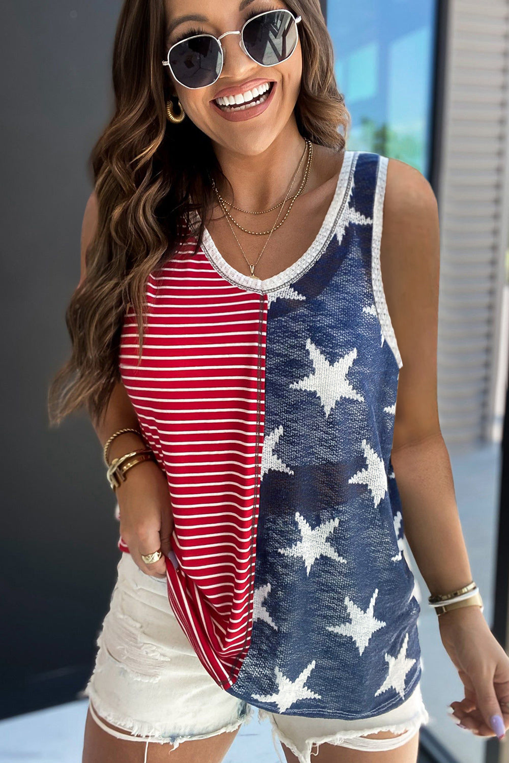 Multicolor Stripes Stars Print Knit Short Sleeves Top