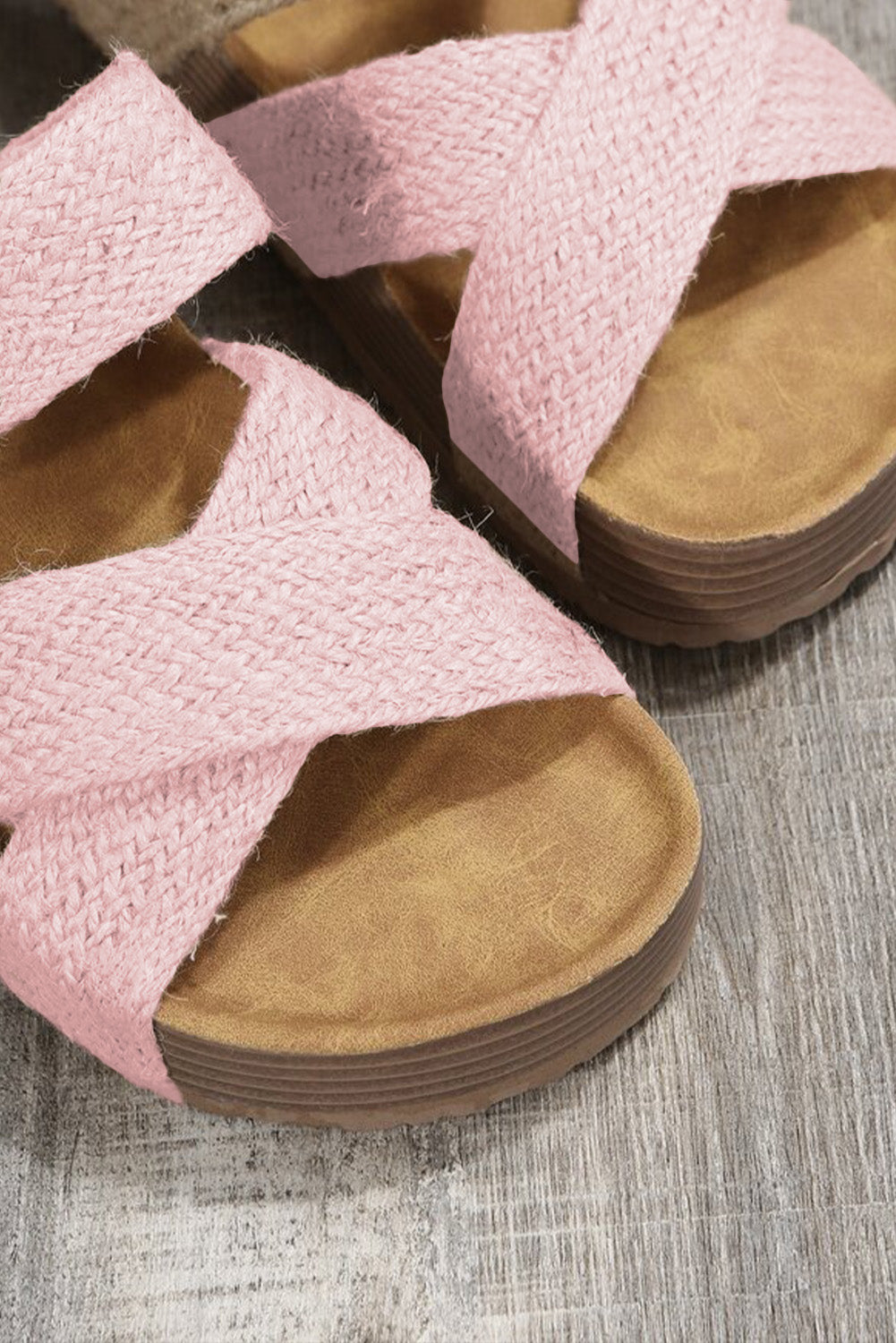 Beige Linen Woven Cross Criss Hollowed Slip-On Slippers