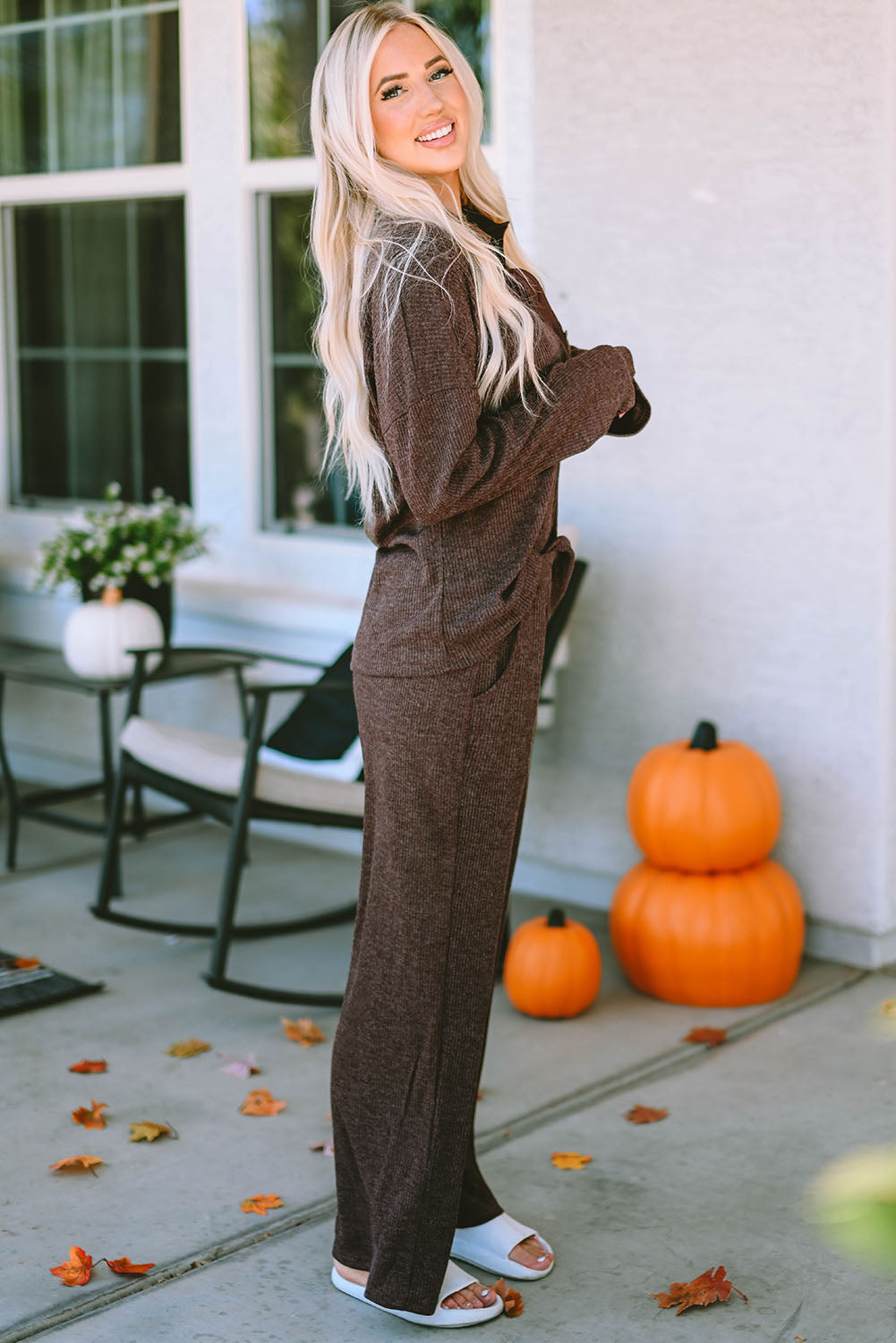 Green Ribbed Knit Collared Henley Top and Pants Lounge Outfit