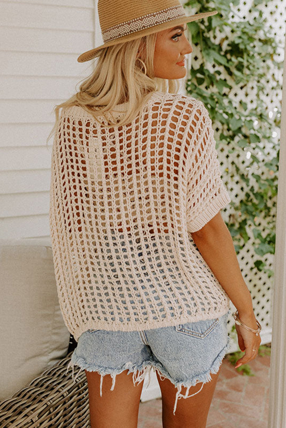 Apricot Fishnet Knit Ribbed Round Neck Short Sleeve Sweater Tee