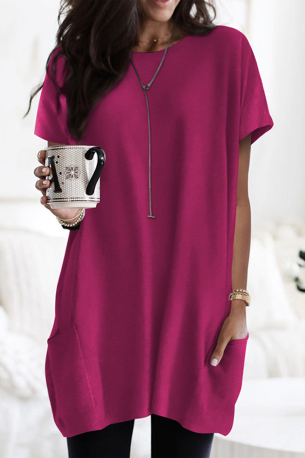 Side Pockets Short Sleeve Tunic Top