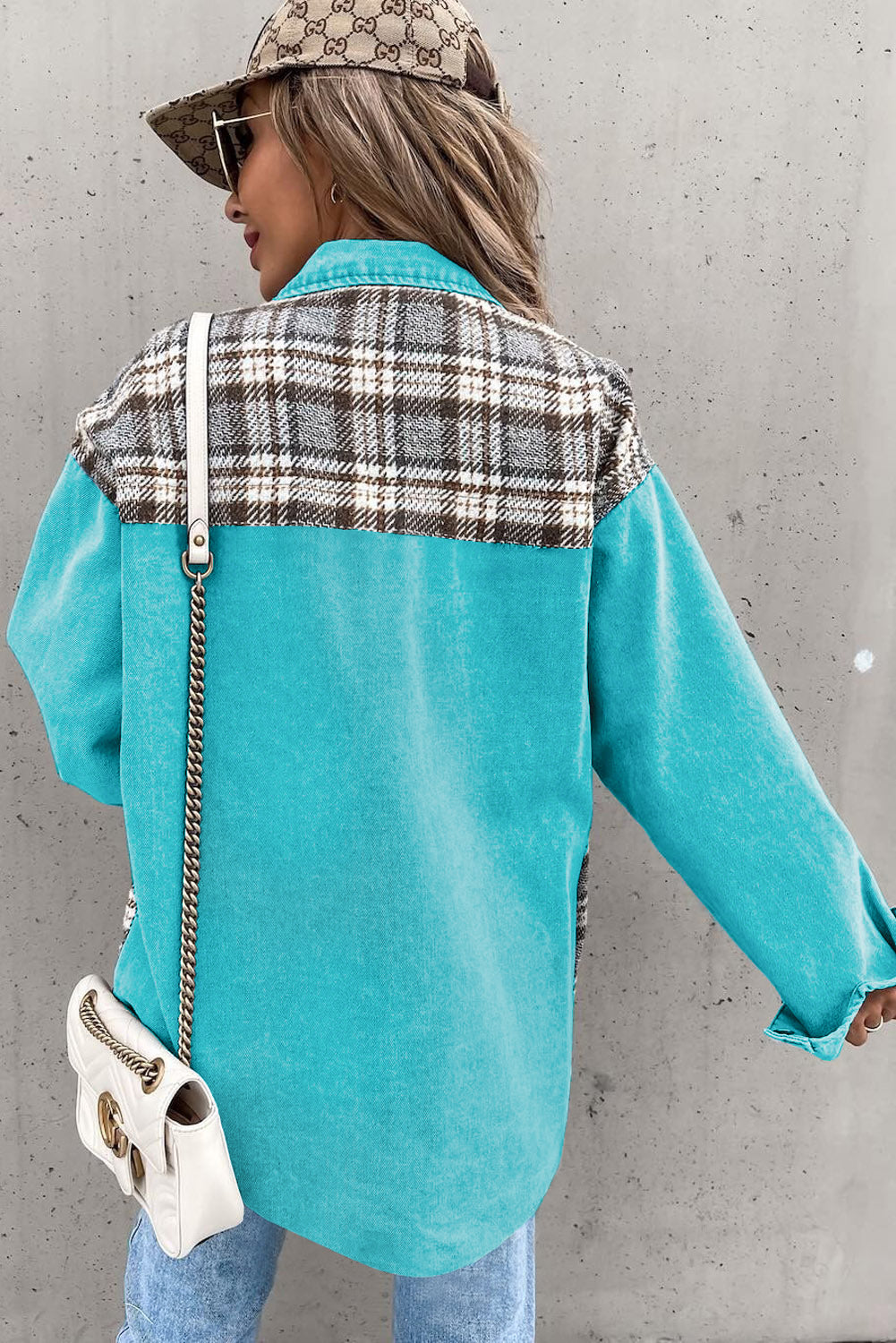 Plaid Patchwork Pockets Denim Jacket