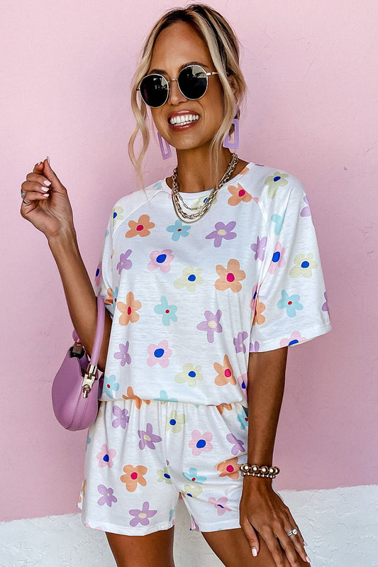 Flower Print Short Sleeve High Waist Two Piece Shorts Set