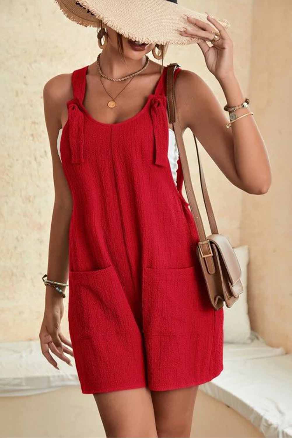 Rose Adjustable Straps Pocketed Textured Romper