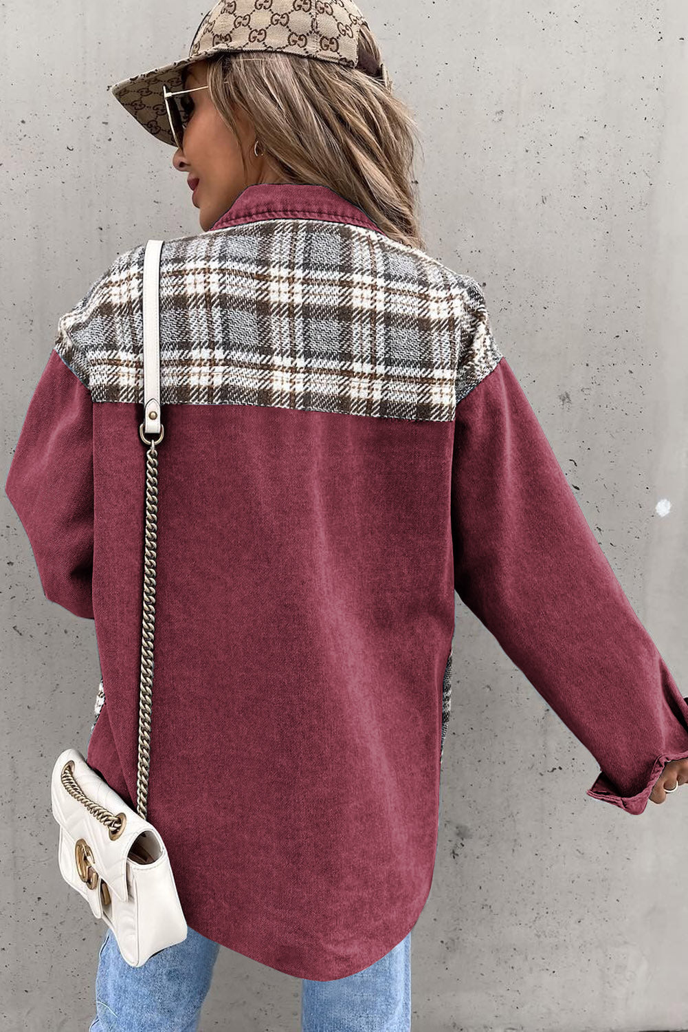 Plaid Patchwork Pockets Denim Jacket