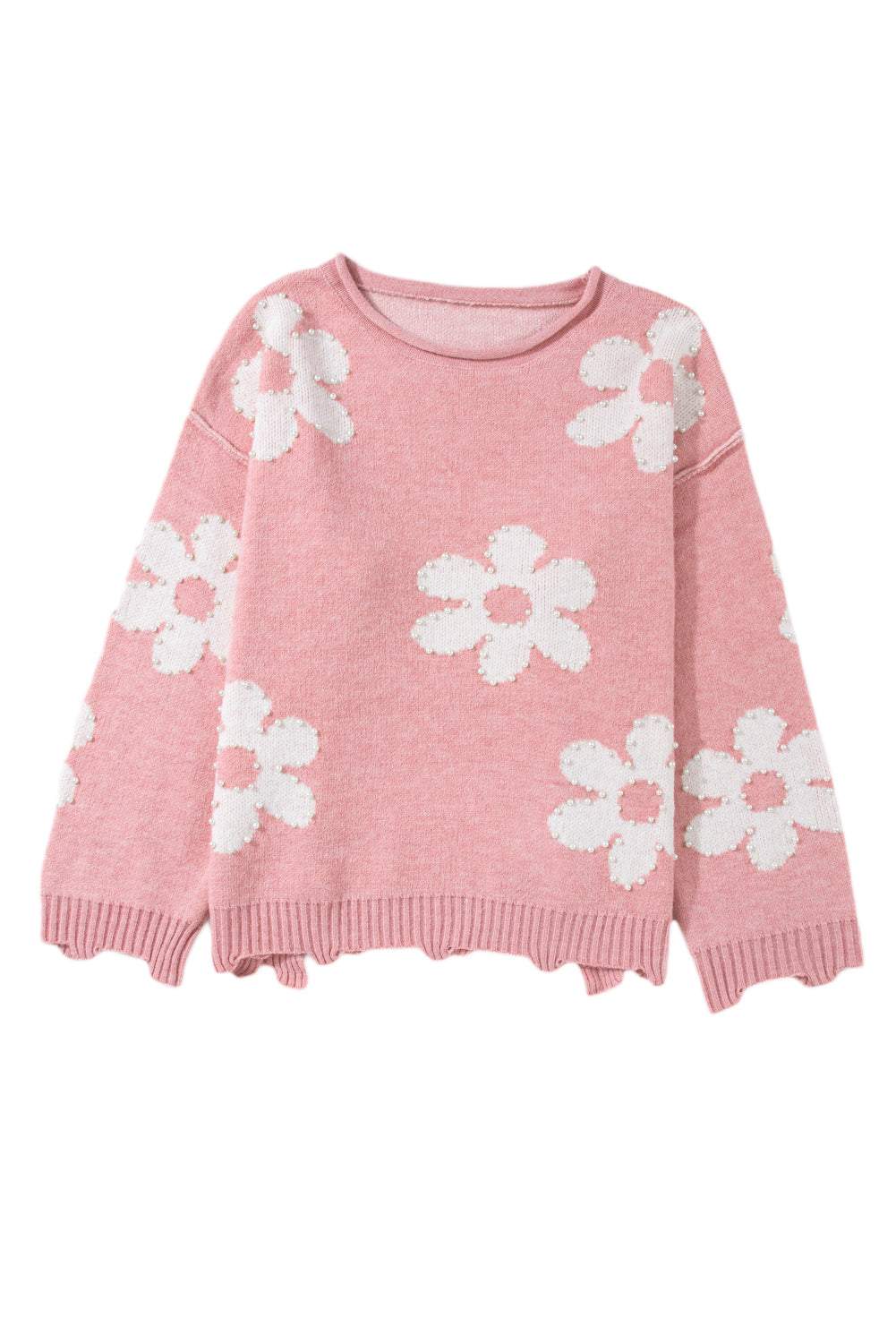 Bonbon Pearl Beaded Floral Drop Shoulder Sweater