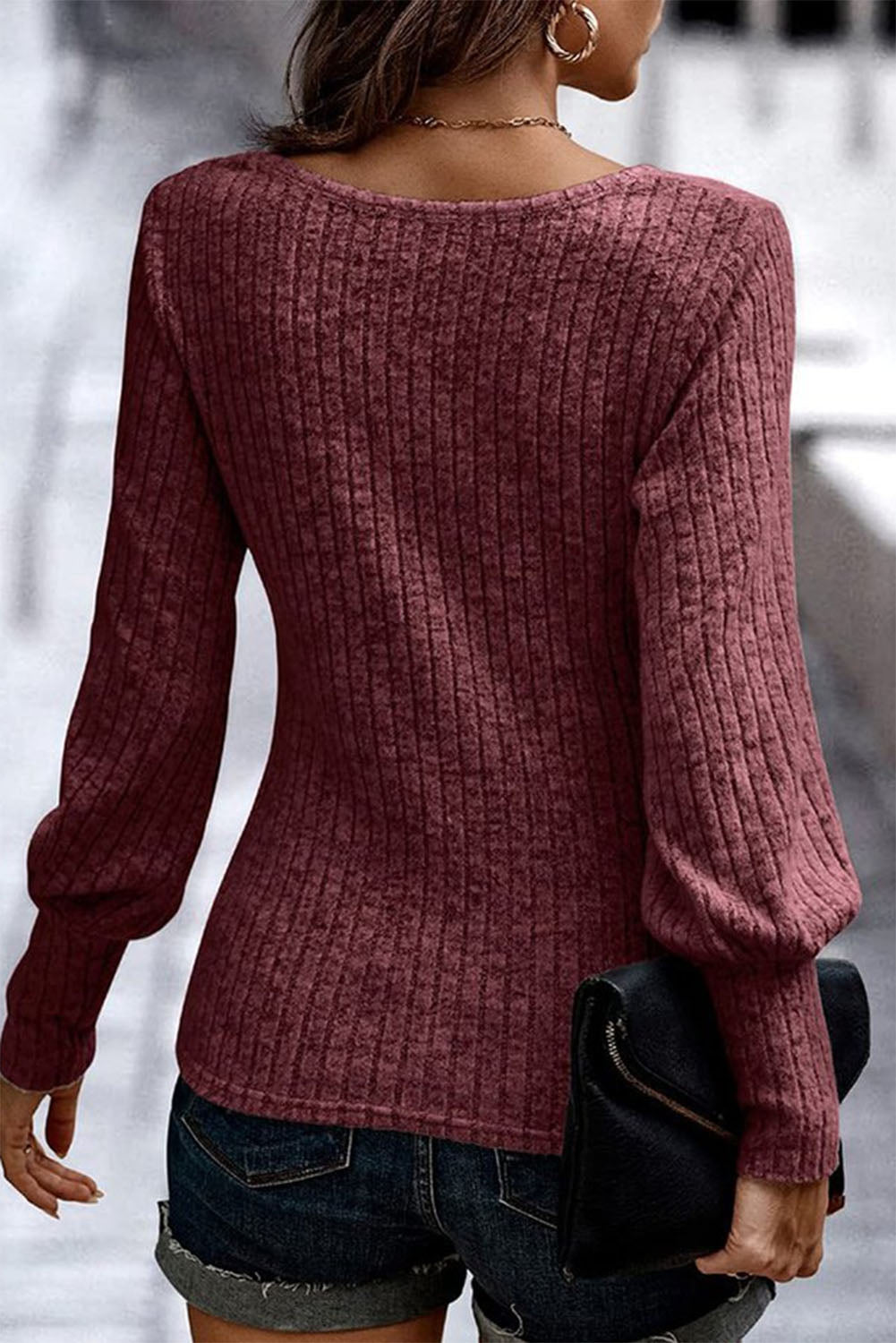 Camel Ribbed Bishop Sleeve Round Neck Top