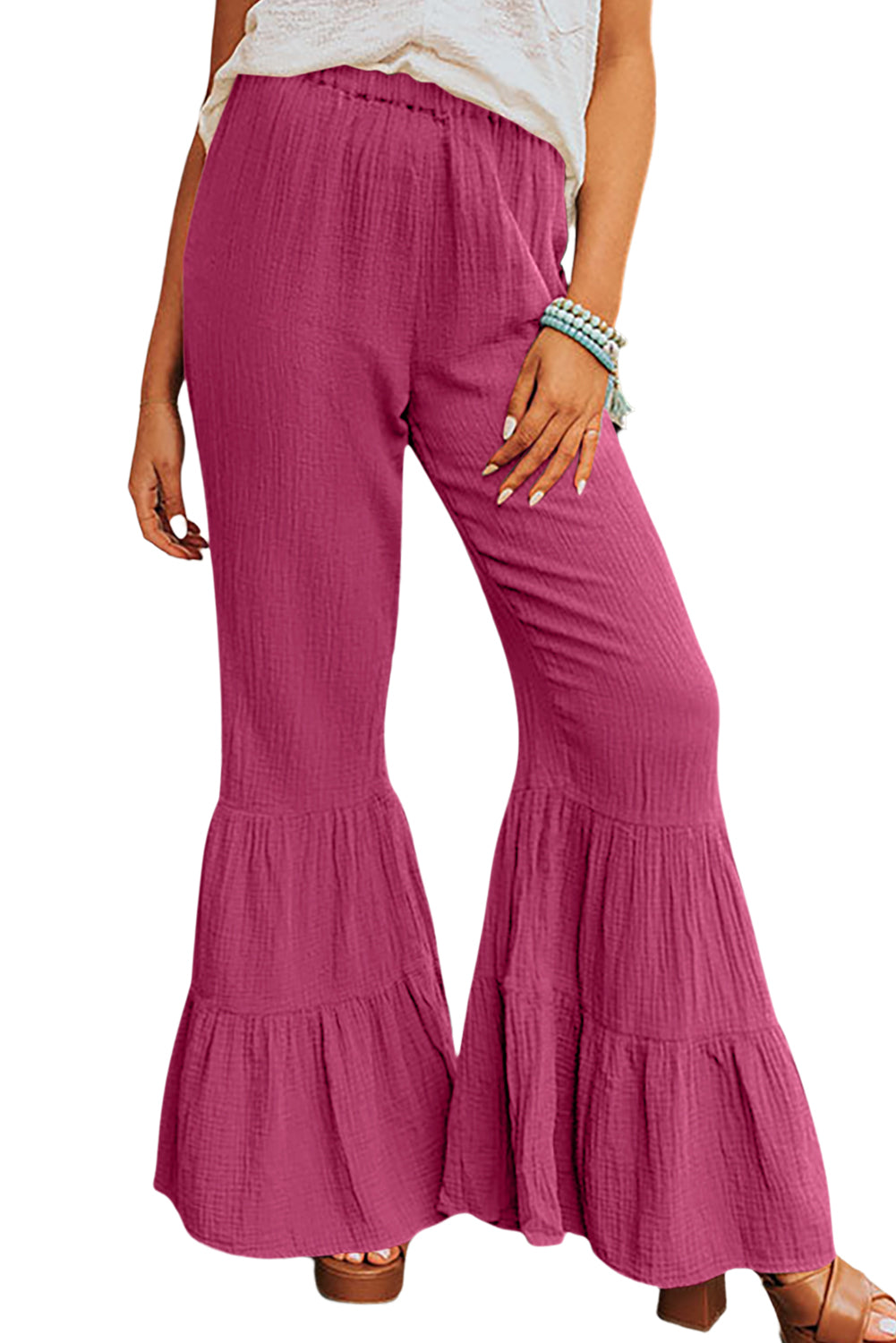 Textured High Waist Ruffled Bell Bottom Pants