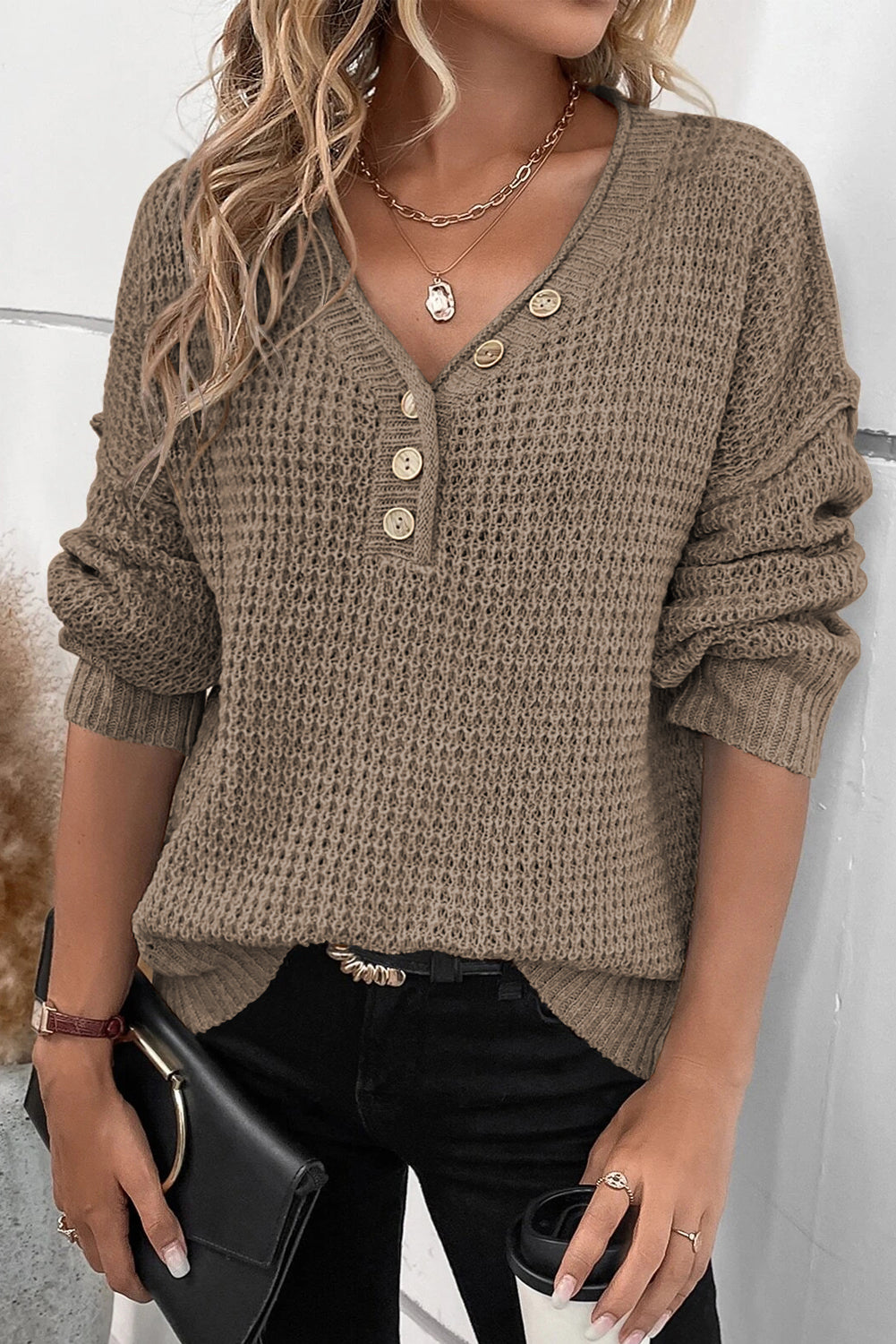 Pointelle Knit Button V Neck Drop Shoulder Sweater