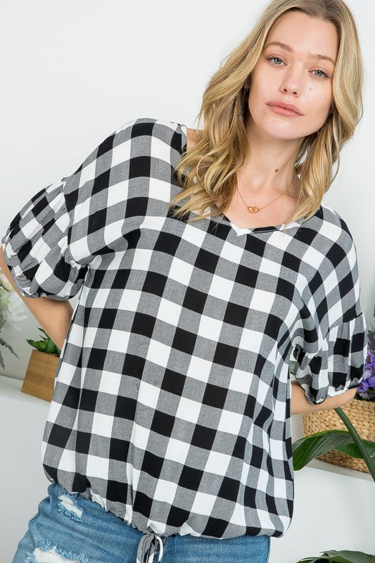 CHECKER PLAID CASUAL BLOUSE TOP