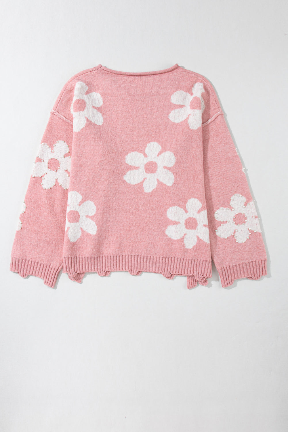 Bonbon Pearl Beaded Floral Drop Shoulder Sweater