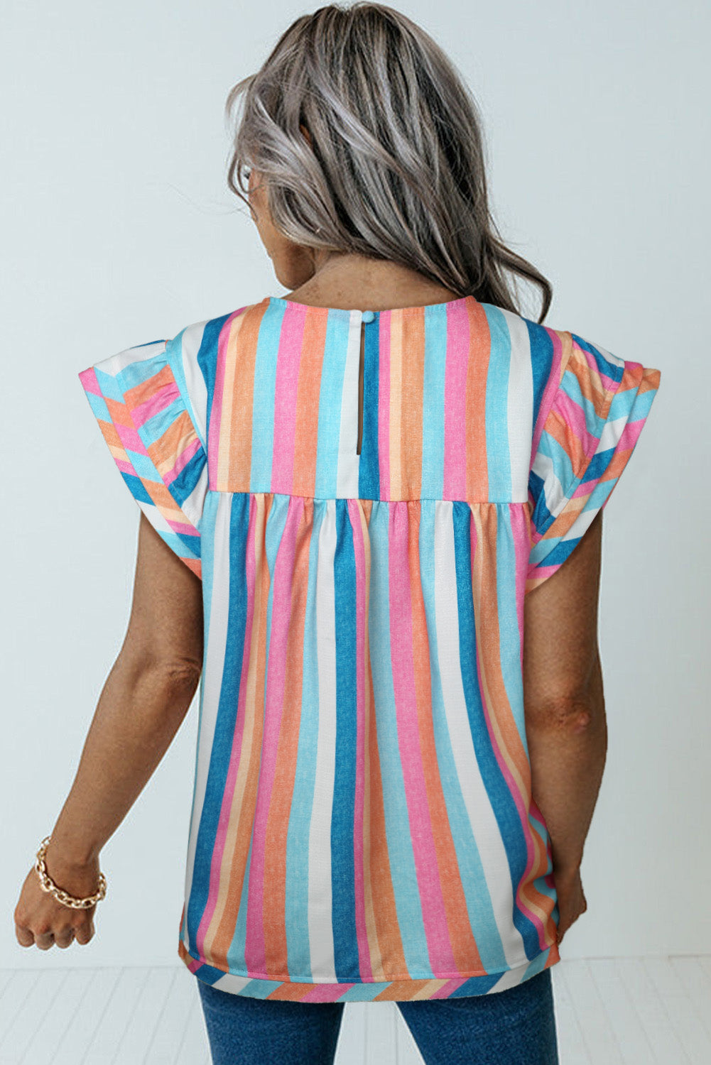 Multicolor Striped Tiered Ruffle Cap Sleeve Top