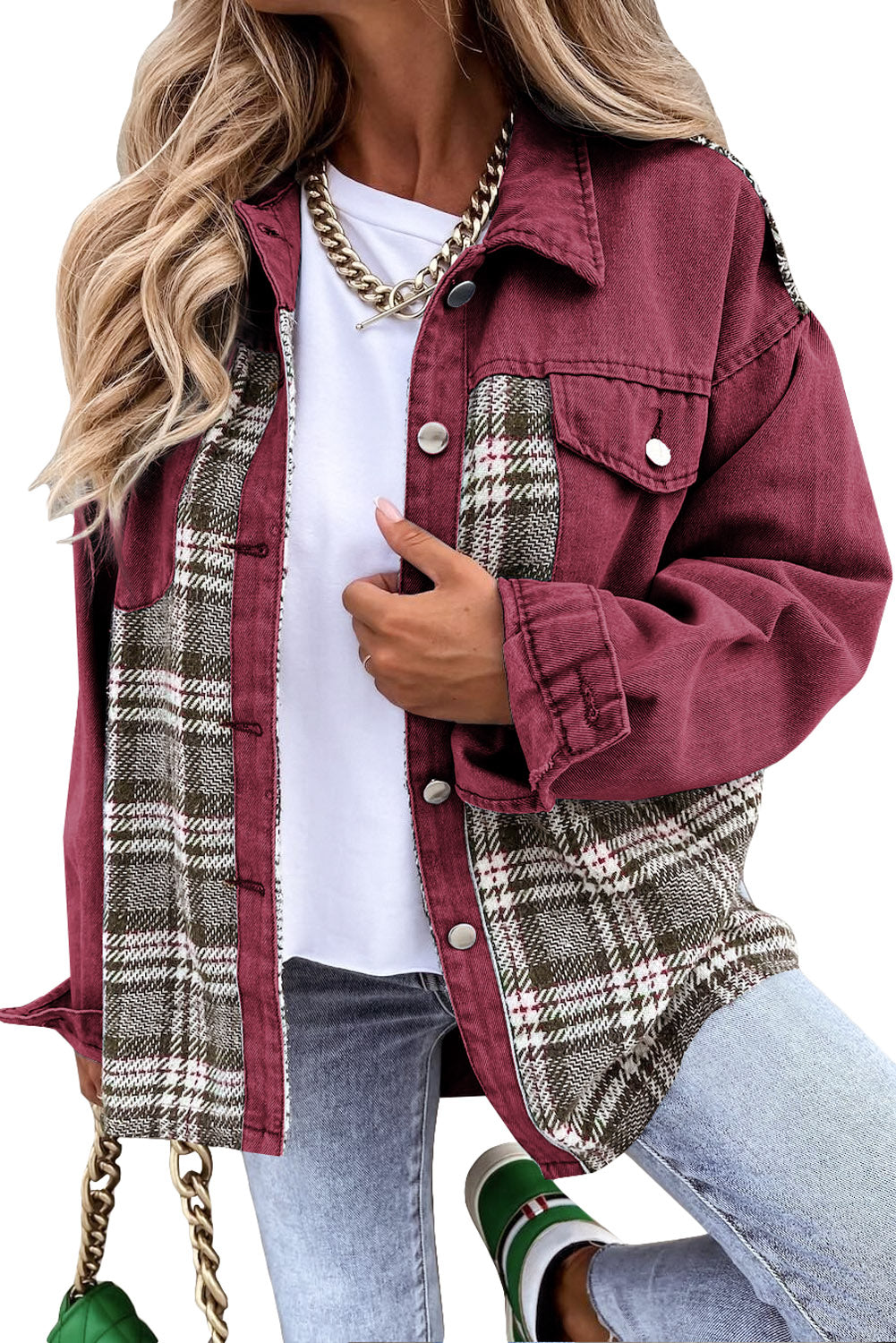 Plaid Patchwork Pockets Denim Jacket