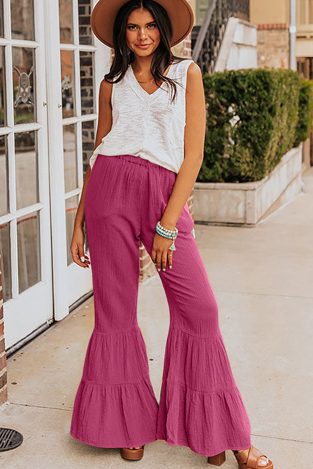 Textured High Waist Ruffled Bell Bottom Pants