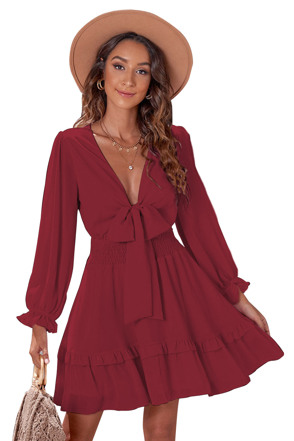 Burgundy Deep V Neck Lantern Sleeve Knotted Tiered Mini Dress