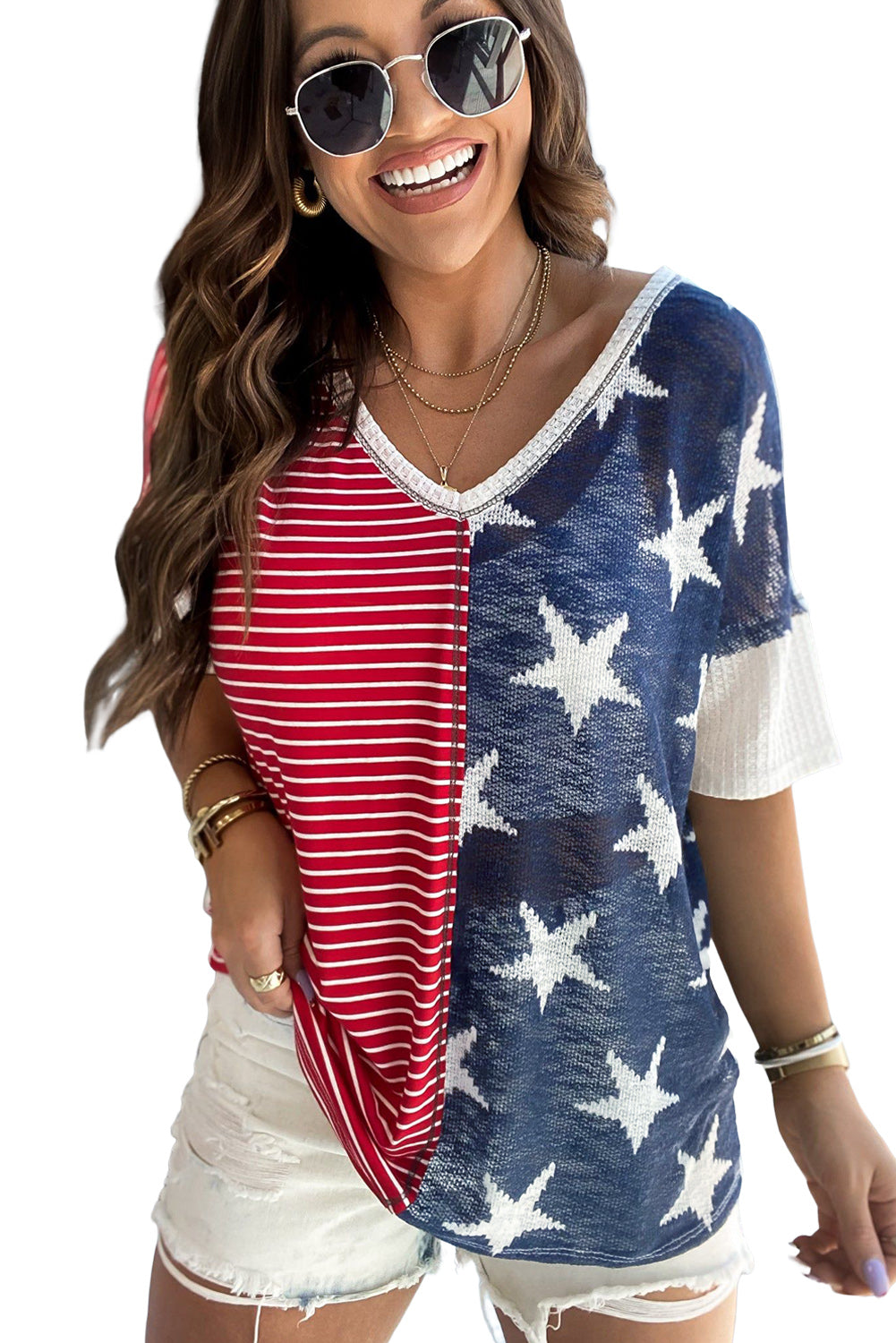 Multicolor Stripes Stars Print Knit Short Sleeves Top