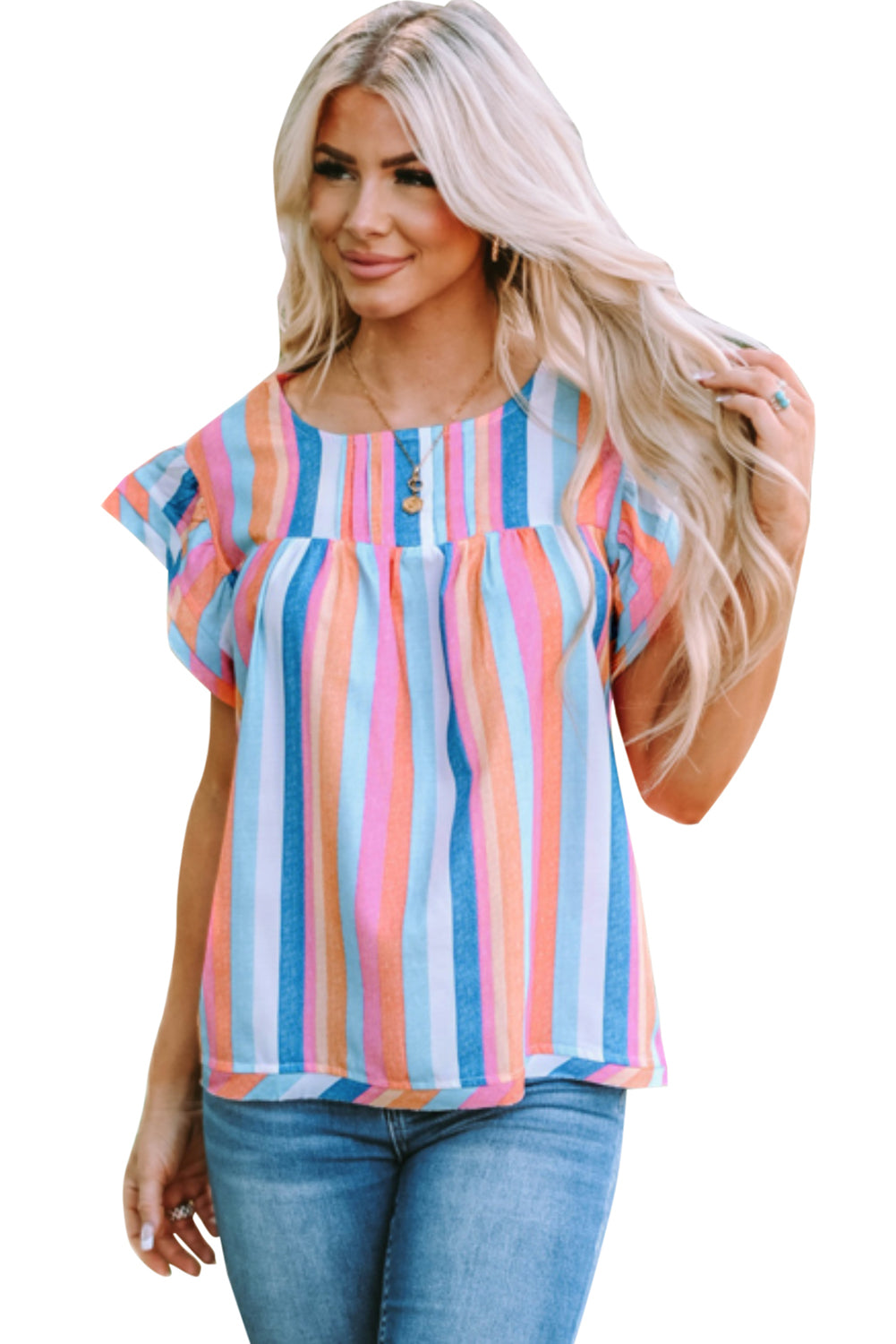 Multicolor Striped Tiered Ruffle Cap Sleeve Top