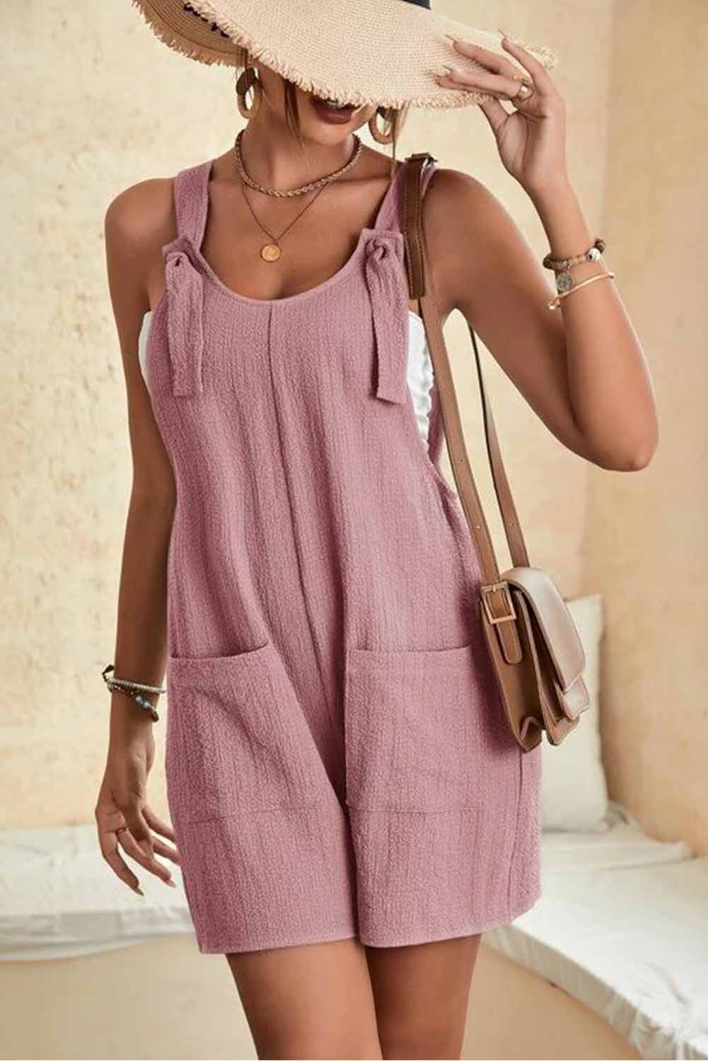 Rose Adjustable Straps Pocketed Textured Romper