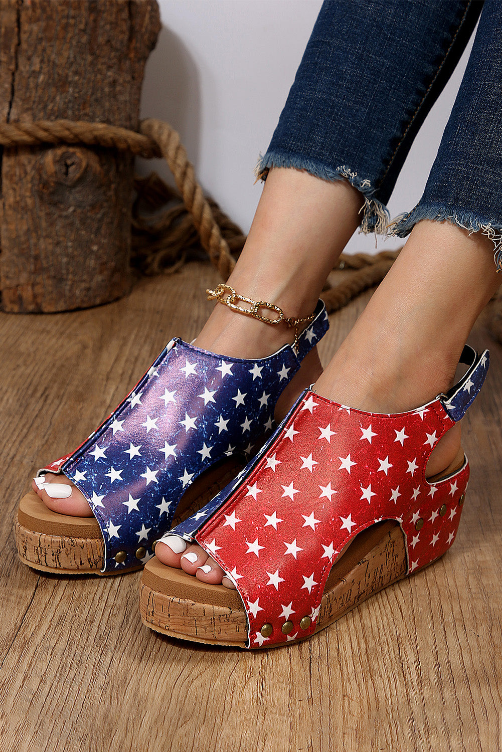 Vintage Leather Stitching Studded Wedge Sandals