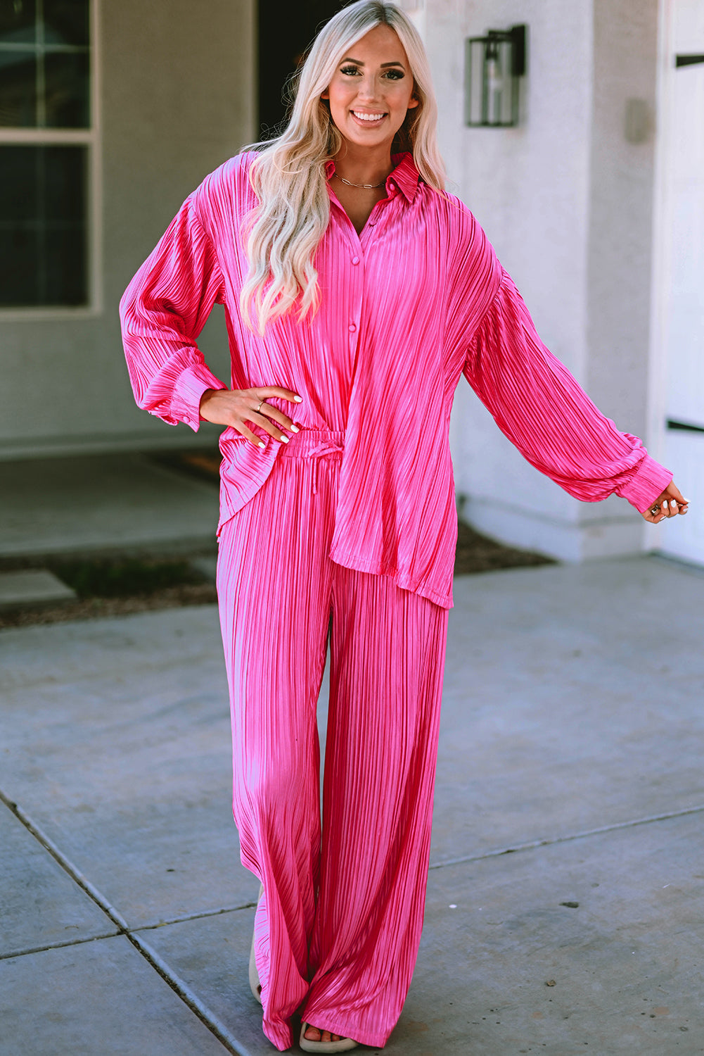 Pleated Long Sleeve Shirt and Wide-Leg Pants Set