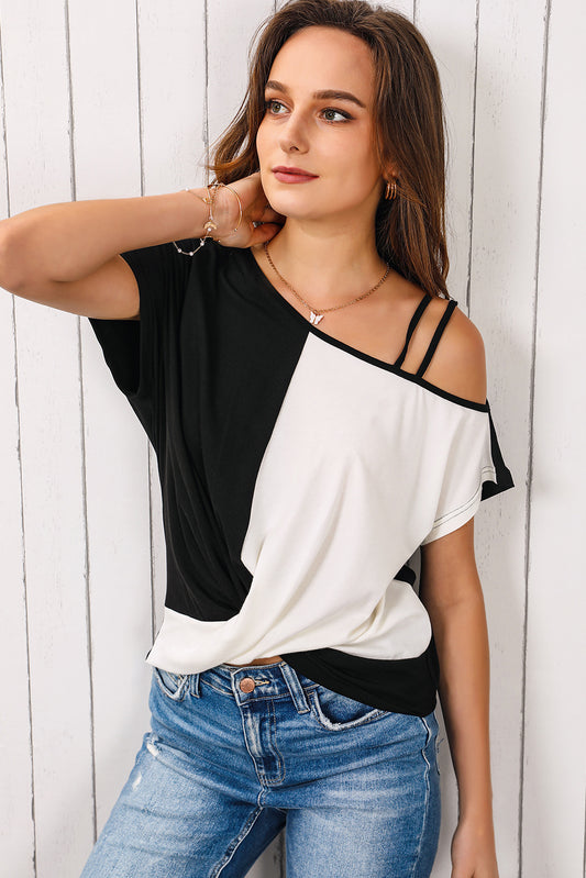 Asymmetric Colorblock Strappy Cold Shoulder Twist Hem Top