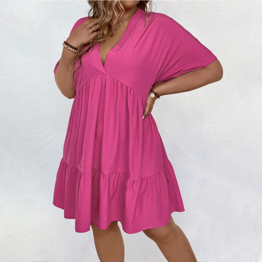 Plus Size Sweet Fresh Niche Midi Dress Spring Solid Color V Neck Slimming Short Sleeve Dress